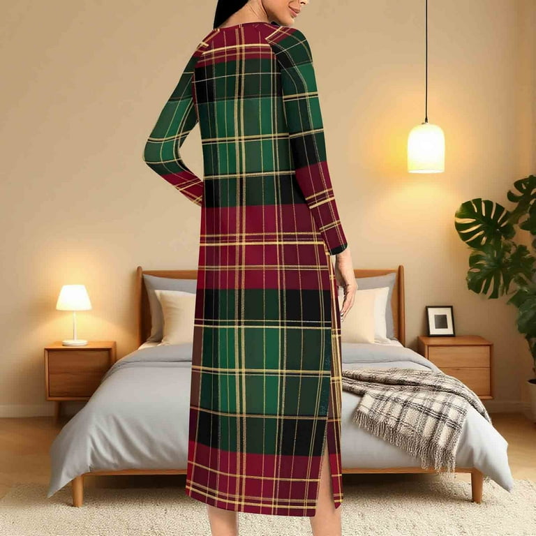 Christmas Dress Women Full Zip Long Dress Plaid Snowflakes Print Nightgown Maxi Dresses Soft Pajamas Loungewear (xl, Green)