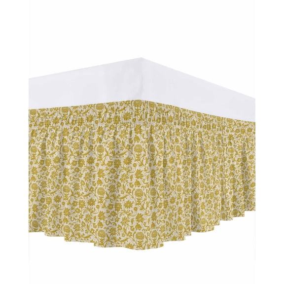Gold Floral Bed Skirt Queen Size 18 Inch Drop, Vintage Spring Flower Bohemian Golden Flowers Leaf Adjustable Elastic Dust Ruffles Bedskirt for Queen Bed Wrap Around Pleated Mattress Frame Cover