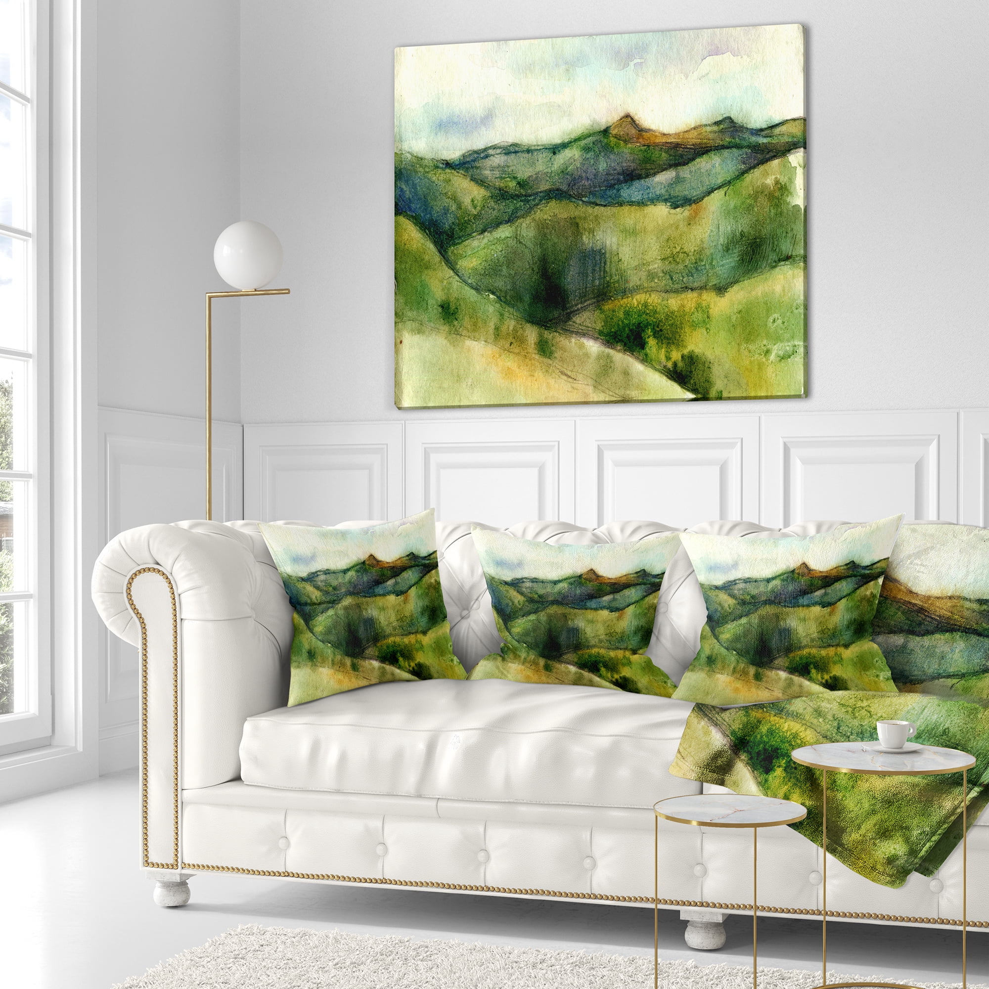 Designart Green Mountains Watercolor - Landscape Painting Throw Pillow - 18x18