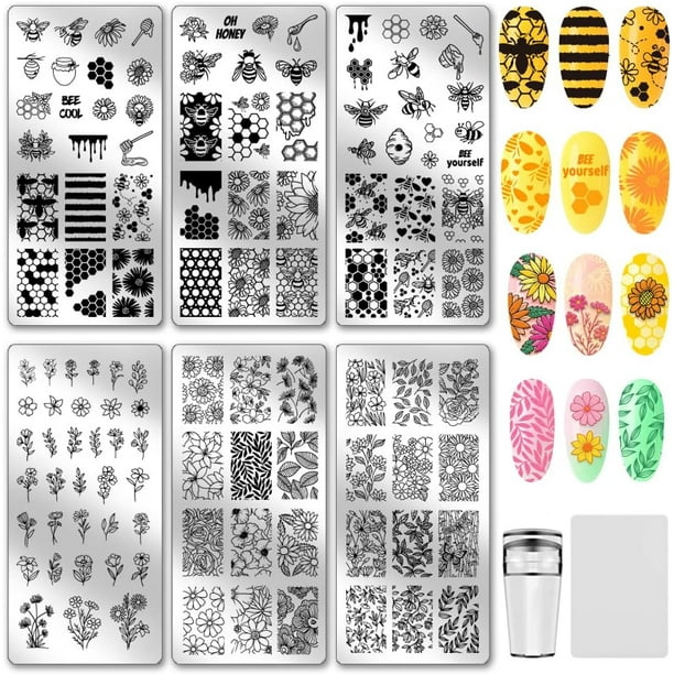 6 placas para estampar uñas con diseño de abeja y flor, temática de panal, hojas florales, plantilla para manicura, girasol y margarita.