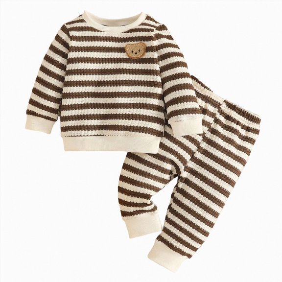 Gubotare Baby Boy Fall Clothes Set Long Sleeve Crewneck Sweatshirts Pants Infant Newborn Waffle Stripe Outfits 6 12 18 24 Months Brown,Size 12-18 Months