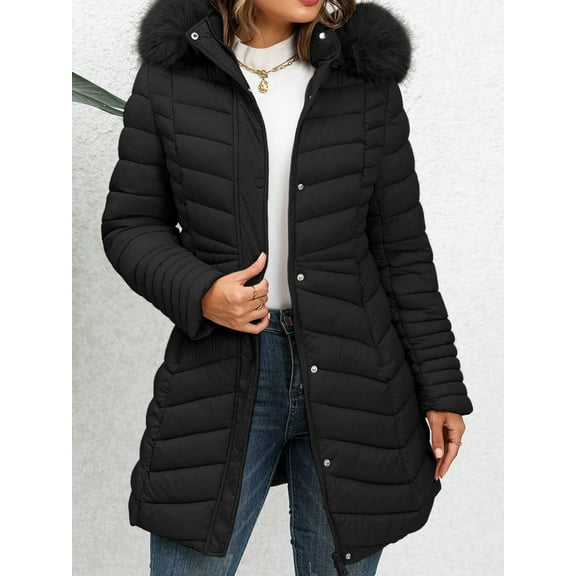 Giolshon Women's Winter Thickened Quilted Puffer Jacket Zipper Pockets Bubble Coat with Removable Hood and Faux Fur Collar G23-18 Black 3XL