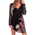 thumbnail image 1 of Pompotops Mode Femmes Imprimer Robe Dentelle Patchwrok Manches Longues V Cou Mini Robes, 1 of 4