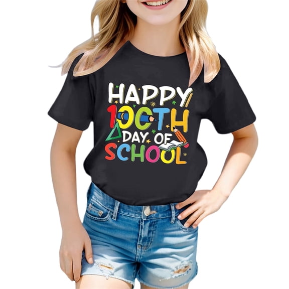 100 Days Of School Boys Round Neck Short Sleeve T Shirts Letter Graphic Printed Comfy Summer Tops T Shirt for Boys and Girls Black,130(6-7 Years)