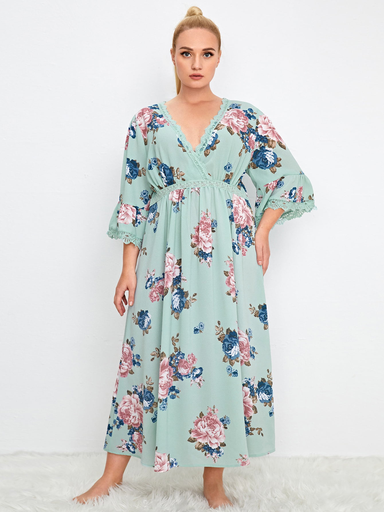 a.Jesdani Womens Plus Size Sleepwear Night Gown V neck Floral Lace Trim ...
