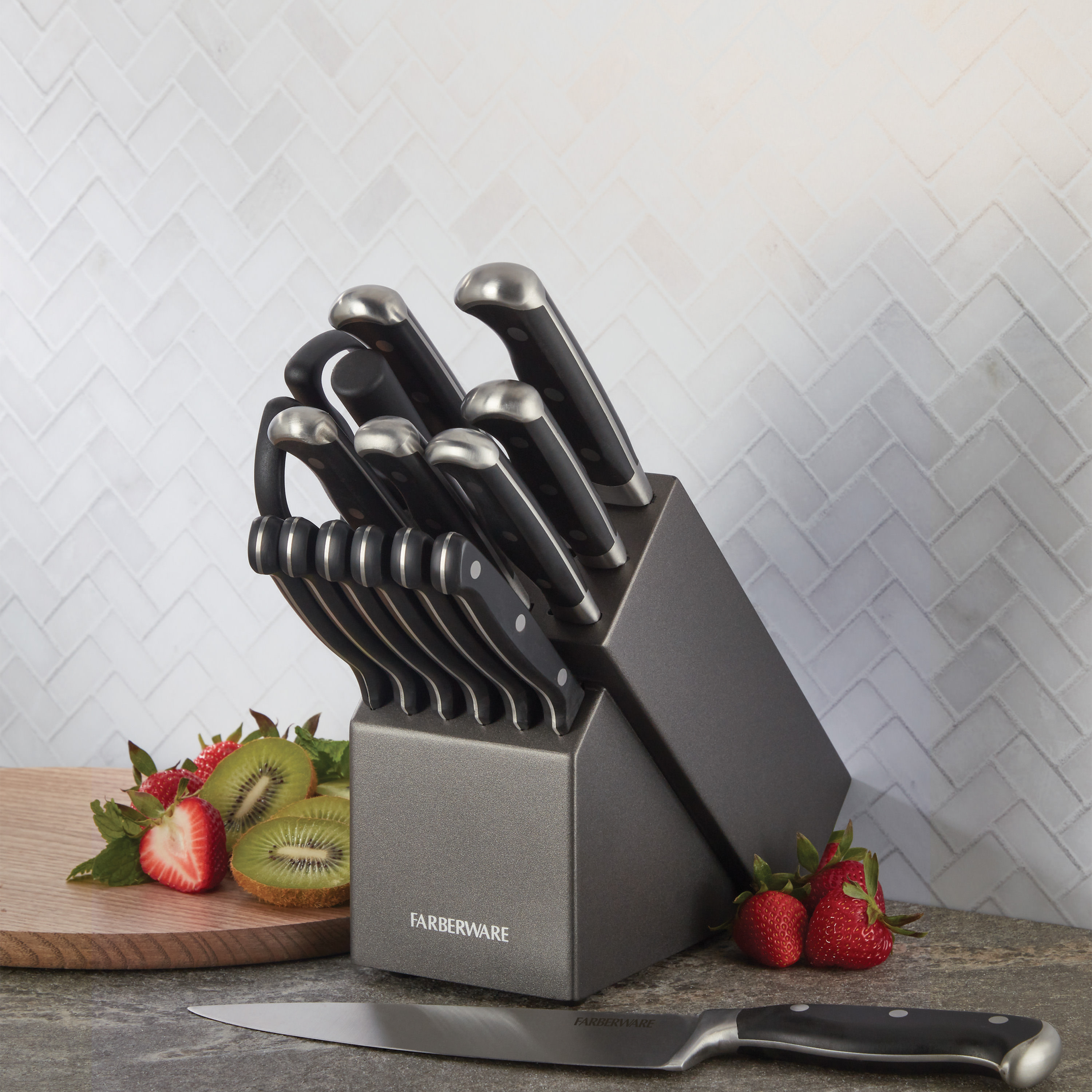 Farberware 15-piece Forged Triple-Rivet Kitchen Knife Block Set with Black Block and Black Handles - image 3 of 20