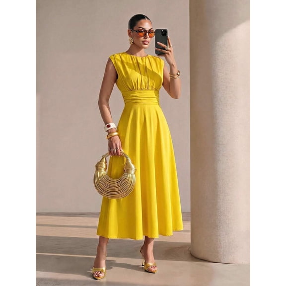 Women Round Neck Cap Sleeve Ruched Waist A-Line Midi Dress Solid Color for Party Vacation
