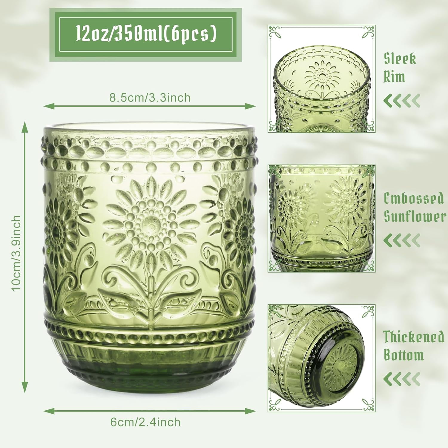 NANAHuang Vintage Drinking Glass Set of 4,12 oz Embossed Floral Drinkware Set,Green Drinking Glasses Cups Wine Glasses Colored Glassware for Whisky,Beer,Juice,Cocktail,Heavy Duty