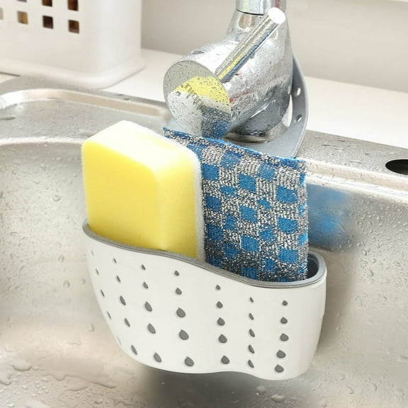 Beige Kitchen Sink Caddy with Adjustable Hanging Strap – Sponge, Scrubber & Soap Holder with Drain Holes, BPA-Free Plastic & Silicone, Space-Saving Sink Organizer