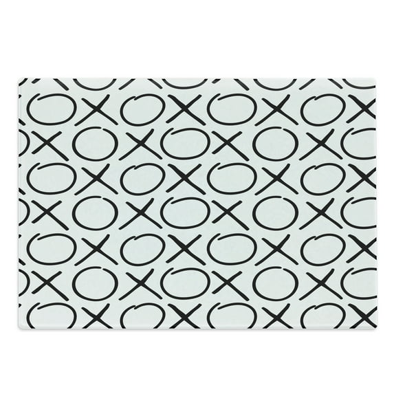 Xo Cutting Board, Doodle Style Pattern with Friendship Monochrome Letters Internet Expression Print, Decorative Tempered Glass Cutting and Serving Board, Large Size, Black and White, by Ambesonne