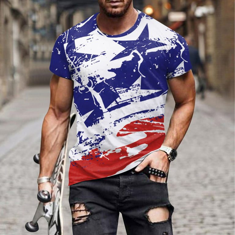 VOSS Mens Summer Fashion Casual Round Neck 3D Digital Printing Independence  Day T Shirt Short Sleeve Top 