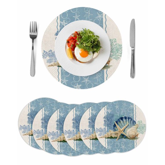 Blue Coastal Starfish Round 15 Inch Placemats Set of 6, Vintage Beige Nautical Coral Summer HeatResistant Non Slip Place Mats for Dining Table, Wipeable Braided Kitchen Table Mats for Housewarming