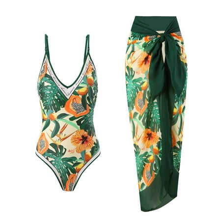 Yanyanz Swim Suits for Women 2025  Women s Retro Fashion V Neck Swimsuit with Beach Cover Up Wrap Skirt Two Bikini Set  Women Swimsuits