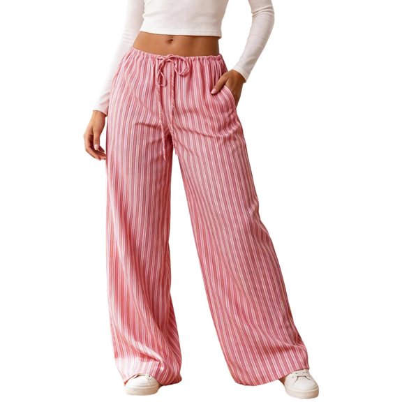 Kezqiaxn Wide Leg Pants for Women Striped Elastic Waist Drawstring Loose Casual Trousers with Pockets Women's Clothing Red L
