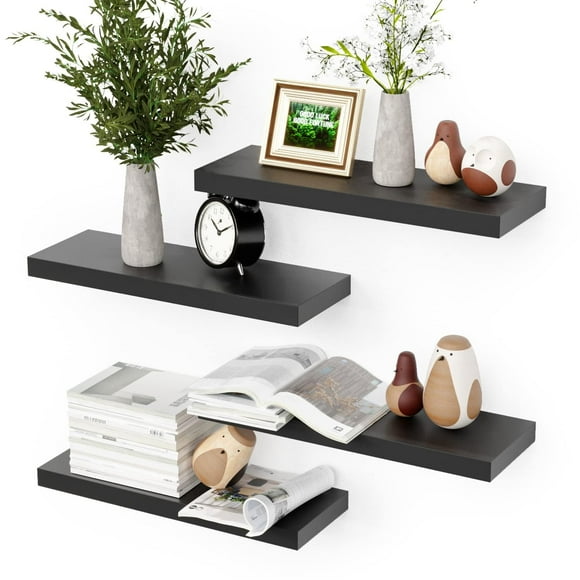 Boswillon Black Floating Shelves for Wall, 4 Sets Black Wall Shelves Wall Mounted, Black Display Shelves for Bedroom Wall Decor, Wall Storage Shelf for Bathroom, Kitchen, Living Room - Black