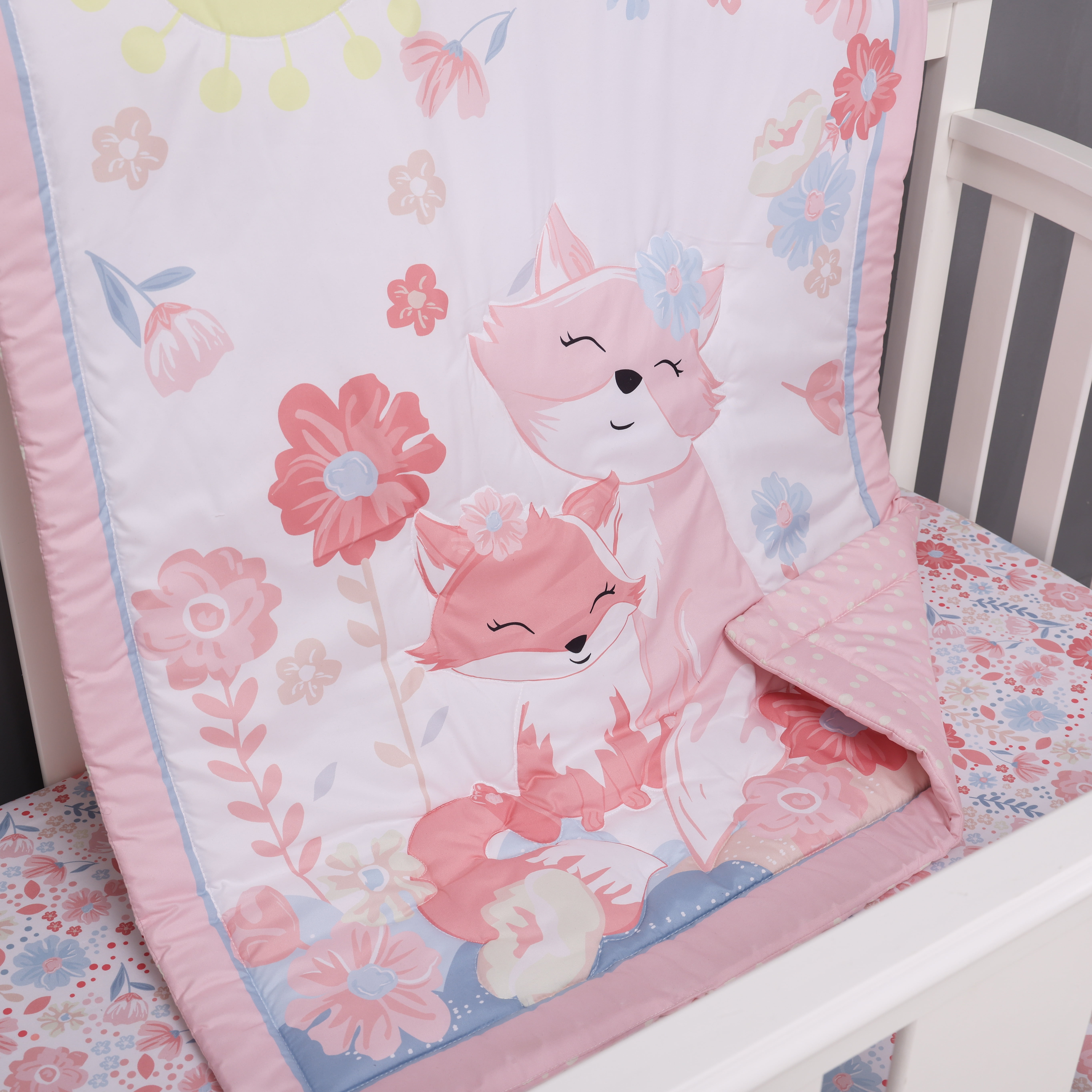 Sweet Baba 3 Piece Crib Bedding Sets for Girls, Pink Forest Baby Crib Set Including Crib Skirt,Quilt,Crib Sheet