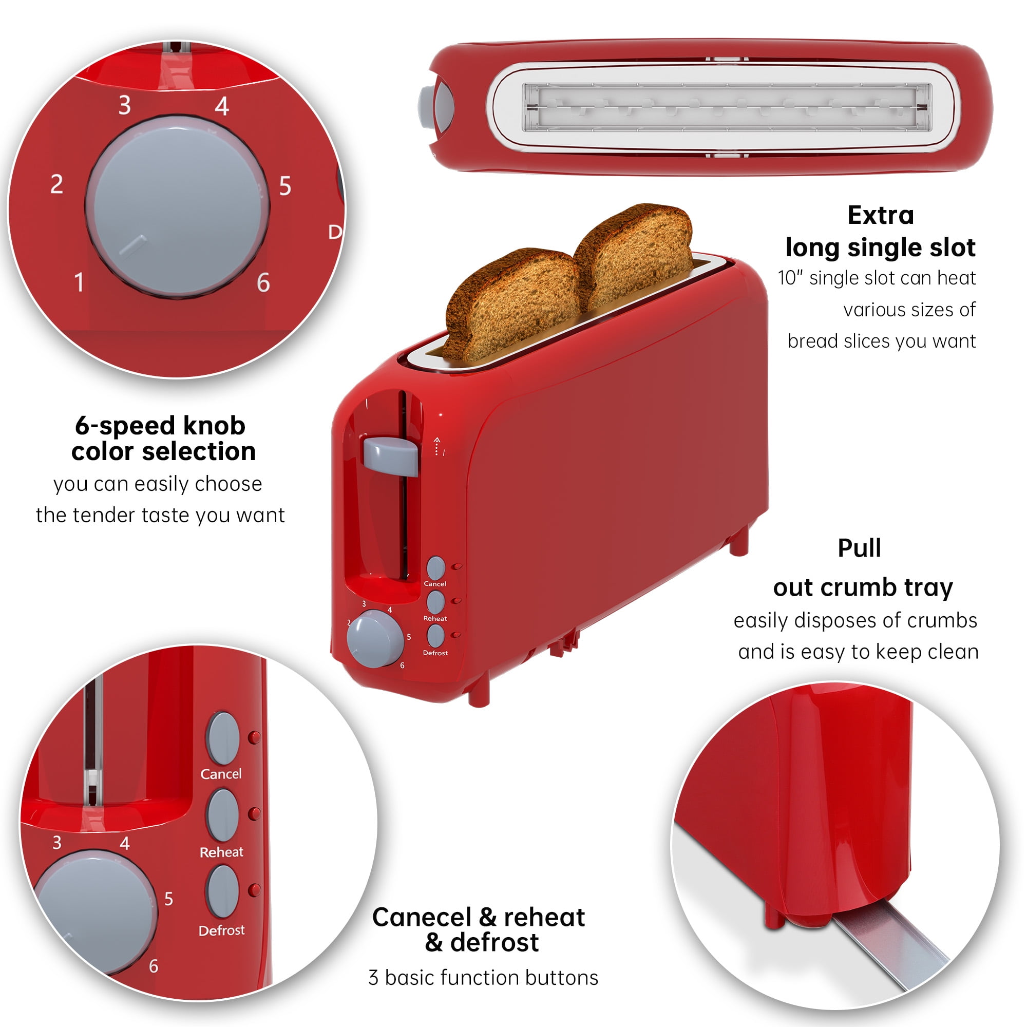 Red 2-Slice Slim Toaster - 10" Long Slot for Bagels & Artisan Bread, 6 Shade Settings, Cancel/Reheat/Defrost, Removable Crumb Tray, Auto Shut-Off