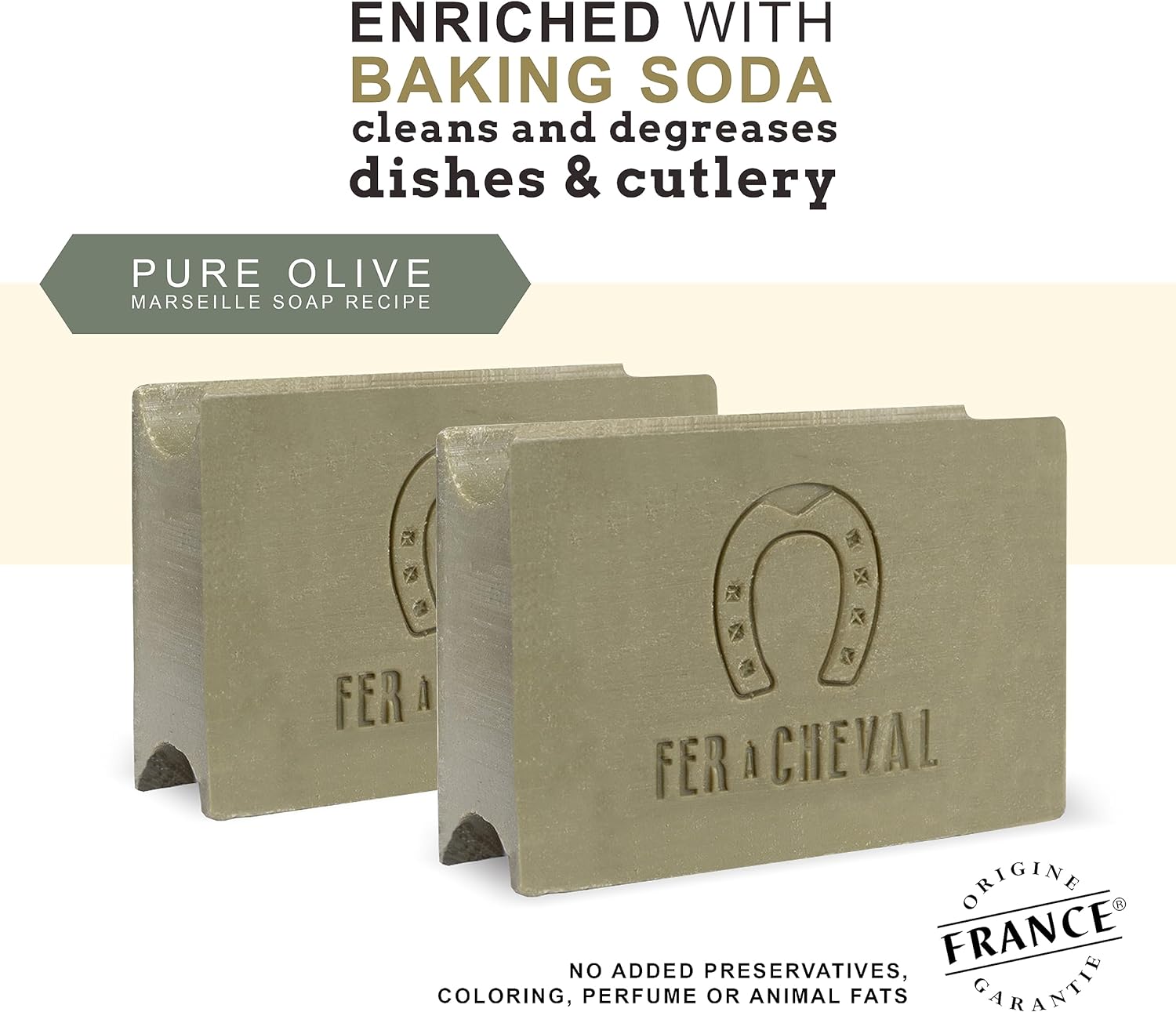 Fer à Cheval Dishwashing Solid Soap | Pristine Marseille Soap Formula with Baking Soda | 100% Natural Dish Soap Bar | French-Origin, Palm-Coconut Oil Free | ECOCERT Certified | 225g, 2 Pack