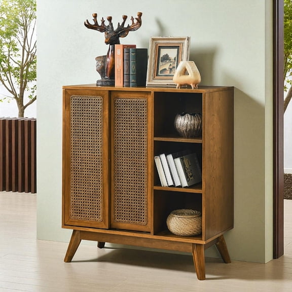 GZXS 31.5" Modern Rattan Sideboard Cabinet in Light Walnut Finish, Buffet Storage with Sliding Doors, Adjustable Shelves, Solid Wood Legs, Open & Hidden Storage for Hallway, TV Console, Kitchen