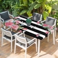 thumbnail image 2 of Pink Flowers Table Cloths for 4 Foot Rectangle Tables, Spring Floral Butterflies Black White Striped Farmhouse Patio Waterproof Elastic Fitted Tablecloths, Rectangular Table Cover for Camping, 2 of 8