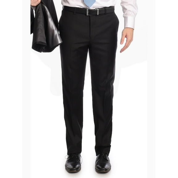 Mens Classic Fit Solid Black Flat Front Wool Dress Pants