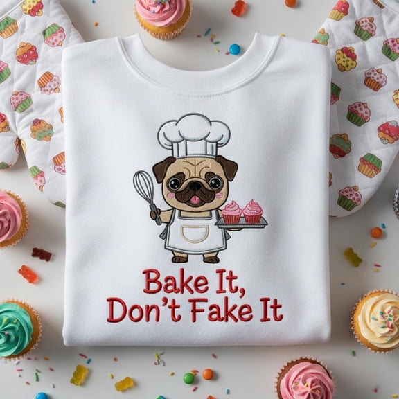 Bake It Don't Fake It embroidered hoodie, Funny Pug Chef Crewneck, Cute Dog Baker Sweatshirt, Pastry Lover Pullover Gift
