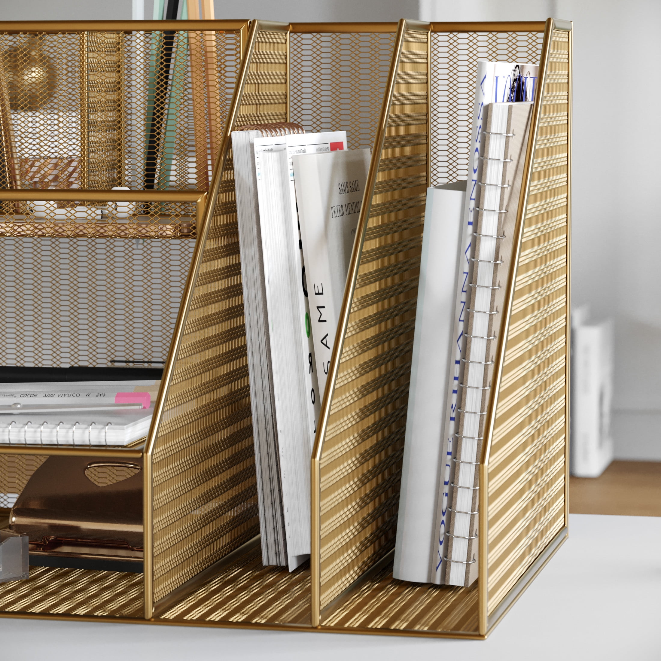 Martha Stewart Ryder Gold Mesh Metal Large Desktop Organizer with Magazine File Holder, Pen Holder, and Storage