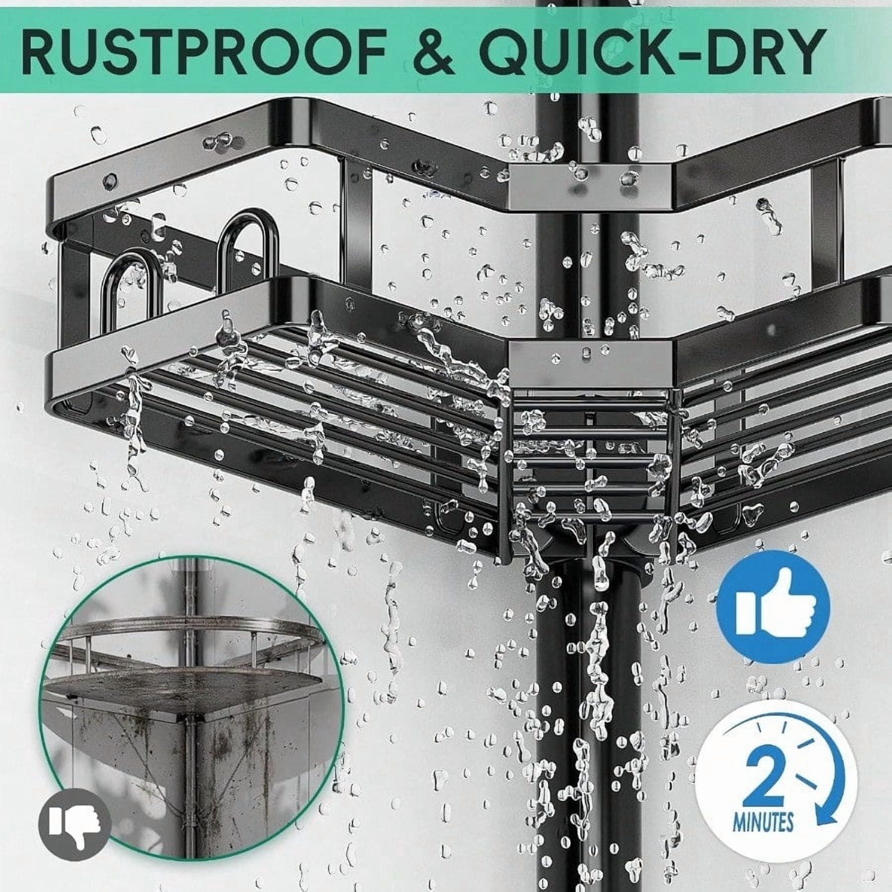 Corner Shower Caddy Tension Pole Adjustable Shower Organizer Corner 62-115 Inch Rustproof Bathroom Storage Shower Shees Black
