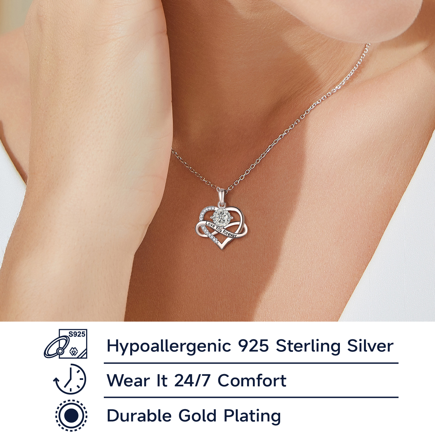 MomentWish Infinity Heart Pendant Necklace for Women 1 Carat Simulated Diamond Necklace Valentines Anniversary Graduation Gifts for Her