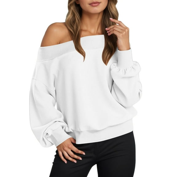 UJNDER Women's Off Shoulder Crewneck Sweatshirt Long Sleeve Casual Loose Fit Comfortable White XL