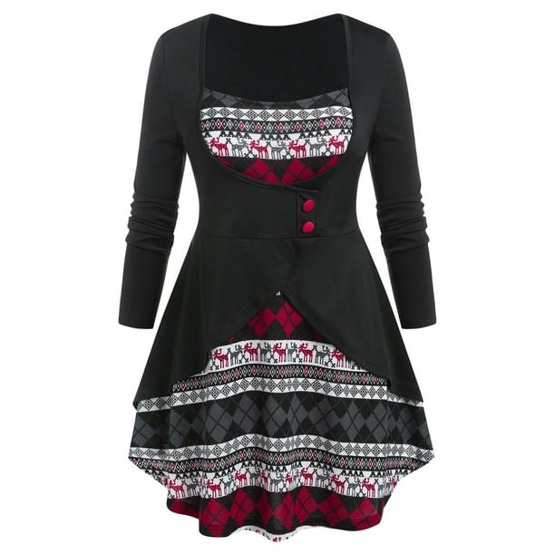 Camiseta Talla Extra Falda Navideño Estampado Rosegal Mangas largas de talla grande