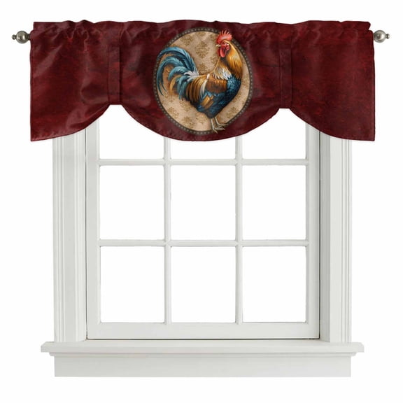 Farm Rooster Tie Up Valance Curtains for Windows, Kitchen Curtains Window Treatments, Boho Farmhouse Animals Floral Pattern Short Window Shades Valances for Bedroom Bathroom Cafe 42"x12"