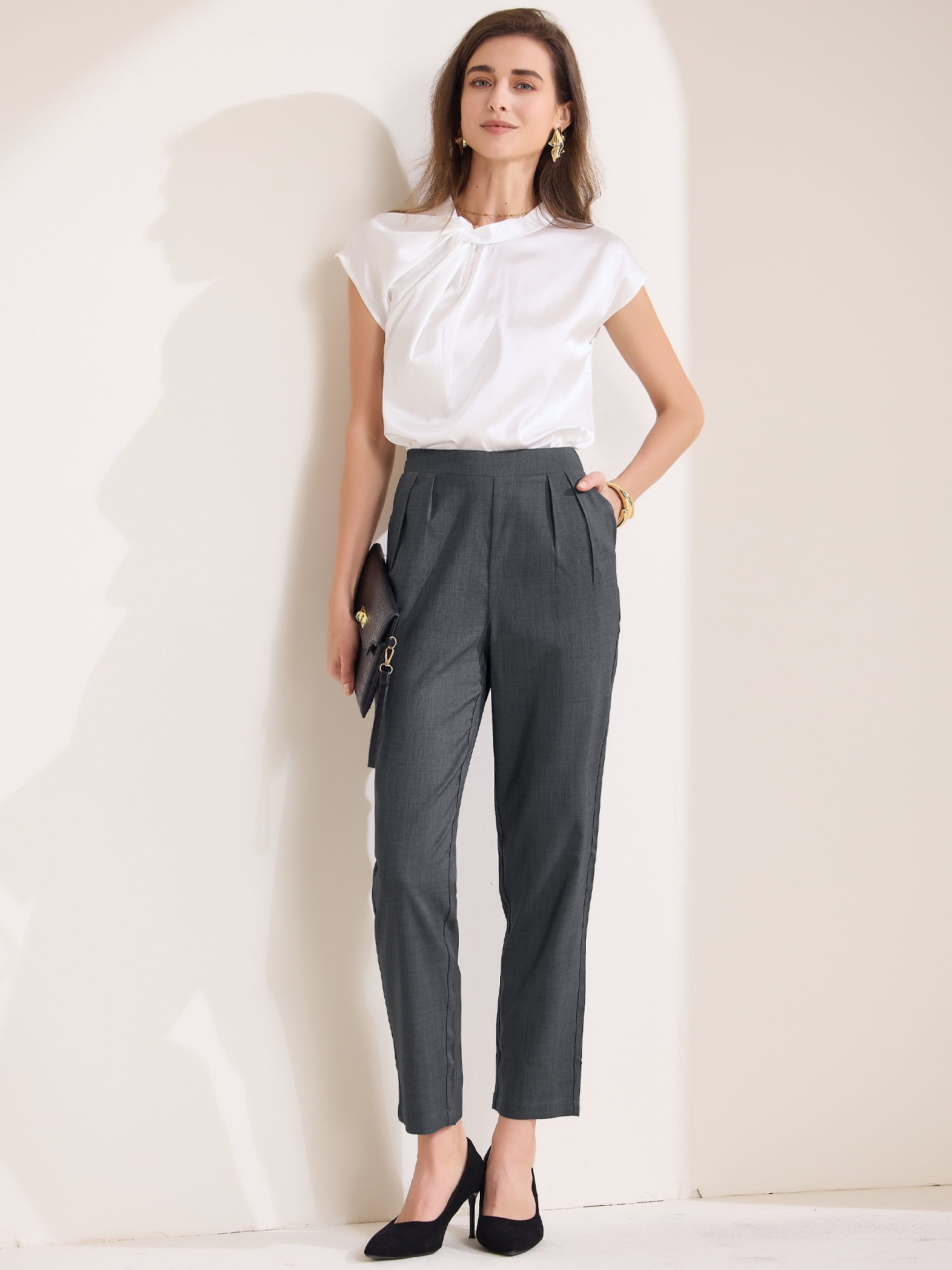 DARING DIVA Women's Straight Leg High Waist Cropped Pants with Slant Pockets XS Dark Grey