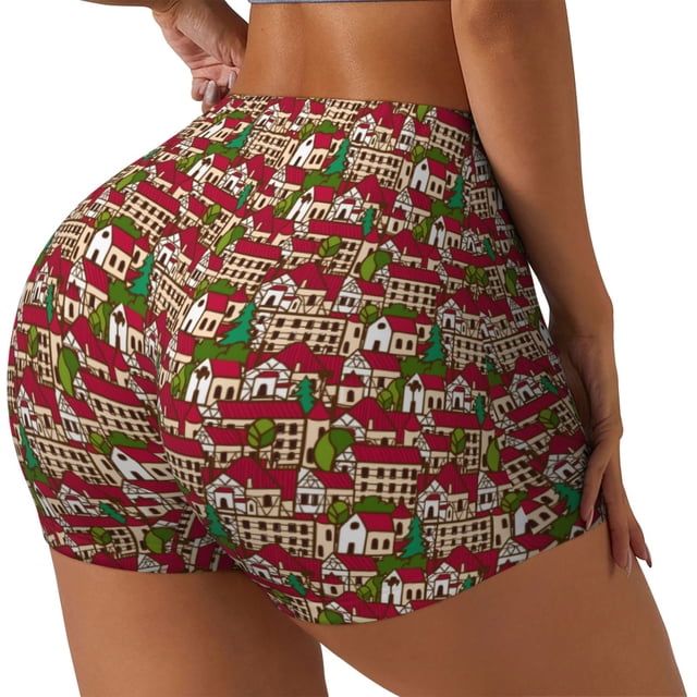 Fotbe Red Houses Shorts Sin Costuras – Shorts Deportivos de Cintura Alta para Mujer, Elásticos para Gimnasio, Yoga, Running o Ciclismo-Large