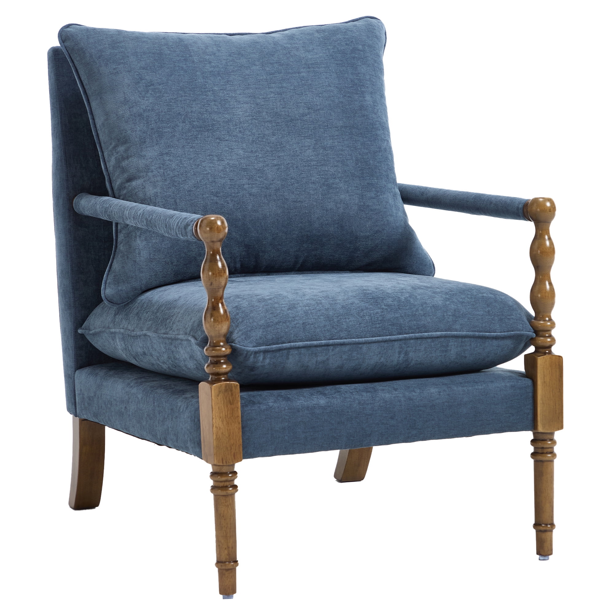 Mid-Century Modern Spindle Armchair,Linen Accent Chair with Cushion & Wood Frame for Living Room Bedroom Office,Navy