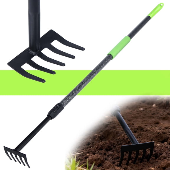 YARTTING Garden Hand Rake, Small Hand Tiller Cultivator with Adjustable Handle, Manual Weed Rake for Weeding Digging Aerating Loosening Tilling Soil