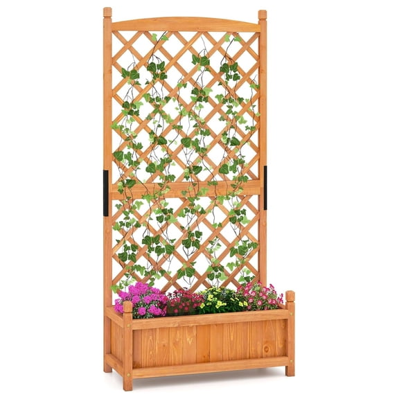 Raised Garden Bed with Trellis, Large Planting Box w/Drainage Holes, 60” Wooden Garden Planter w/ Lattice Trellis for Climbing Plants, Outdoor Planter Box for Patio (1, Orange)
