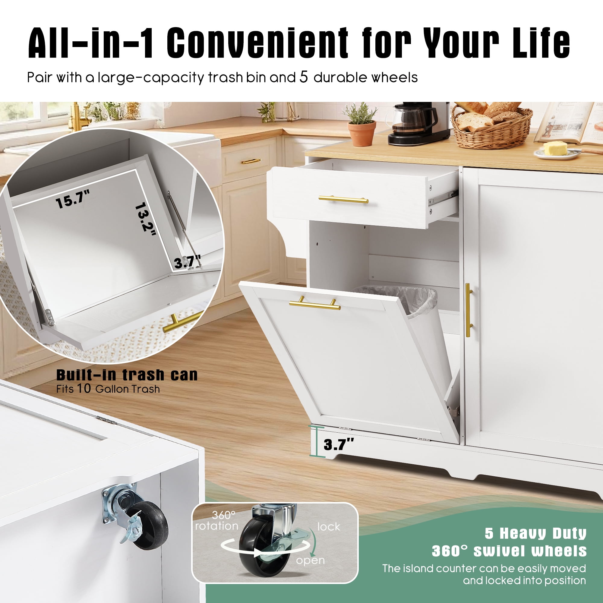 Haverchair 39.7" Kitchen Island with Drop Leaf and Storage Cabinet, Mobile Kitchen Rolling Bar Cart with Trash Can Cabinet and Drawer, Modern Island Table for Kitchen with Spice Rack and Towel Rack