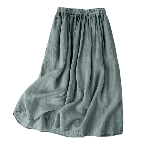 Falda midi vintage de lino para mujer: falda de verano de color liso con cintura elástica, poliéster, tallas M-XXL.