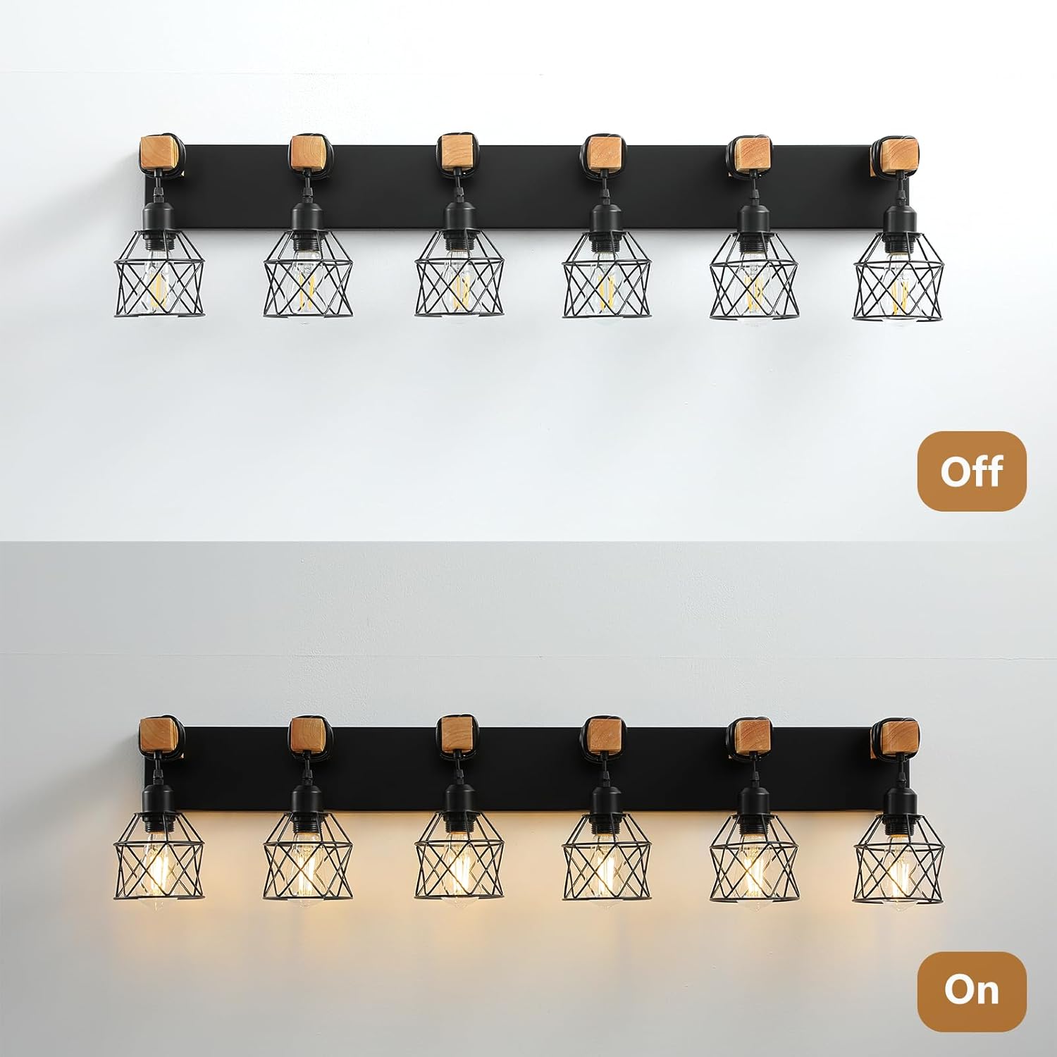 Farmhouse Vanity Light Fixture,6-Light Bathroom Lighting,Black Industrial Wood Wall Light Over Mirror with Metal Shade,LED Bulbs Not Included