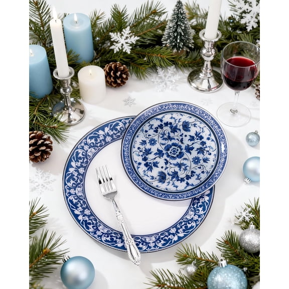 60pcs Blue Plastic Plates Set - Floral Blue & White Porcelain Design, 10.25" Dinner & 7.5" Dessert Plates Disposable for Christmas (Dishwasher Safe, Art Style)