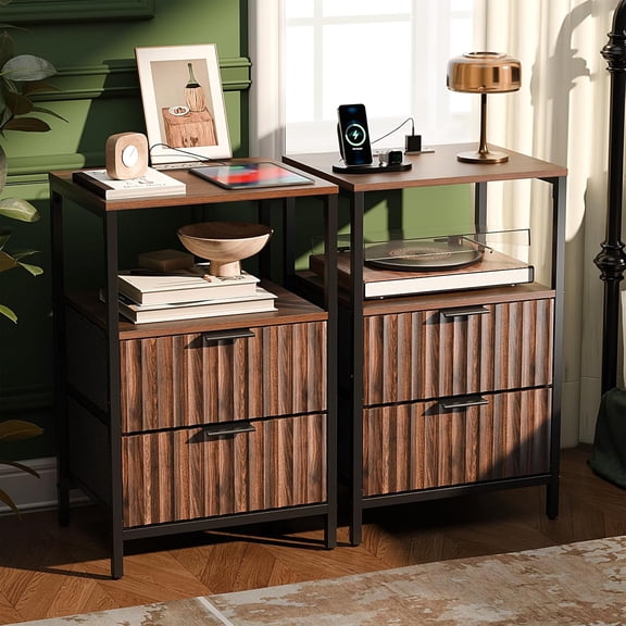 BarefHaven Nightstands Set of 2 with Fabric Drawers, Walnut Nightstand with Charging Station, Night Stands Fluted Bedside Tables/End Tables with Charger Station, Side Table Bedroom, Small Night Stand