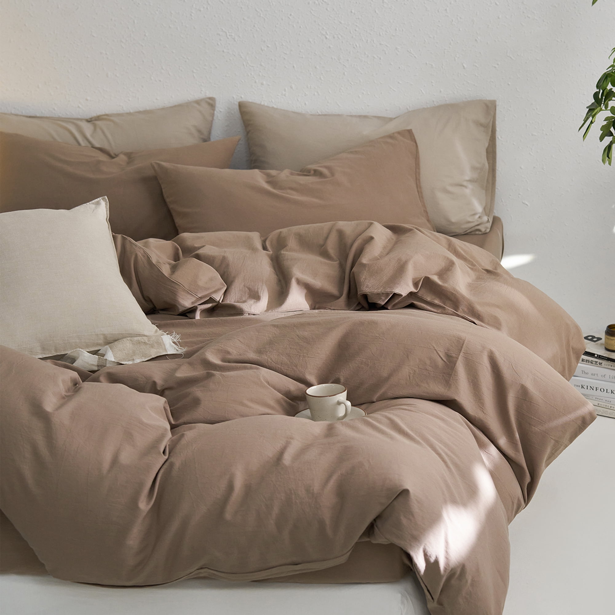 MooMee Duvet Cover Set Queen 100% Washed Cotton Twill Ultra-Soft Breathable Linen Like 3-Piece (Bombay Brown, 90"x90")