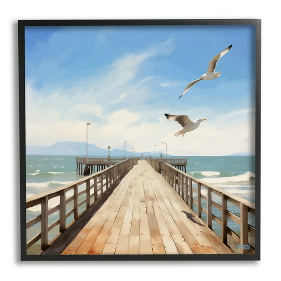 Stupell Industries Seagulls over Pier Landscape Painting Black Framed Art Print Wall Art, 12 x 12