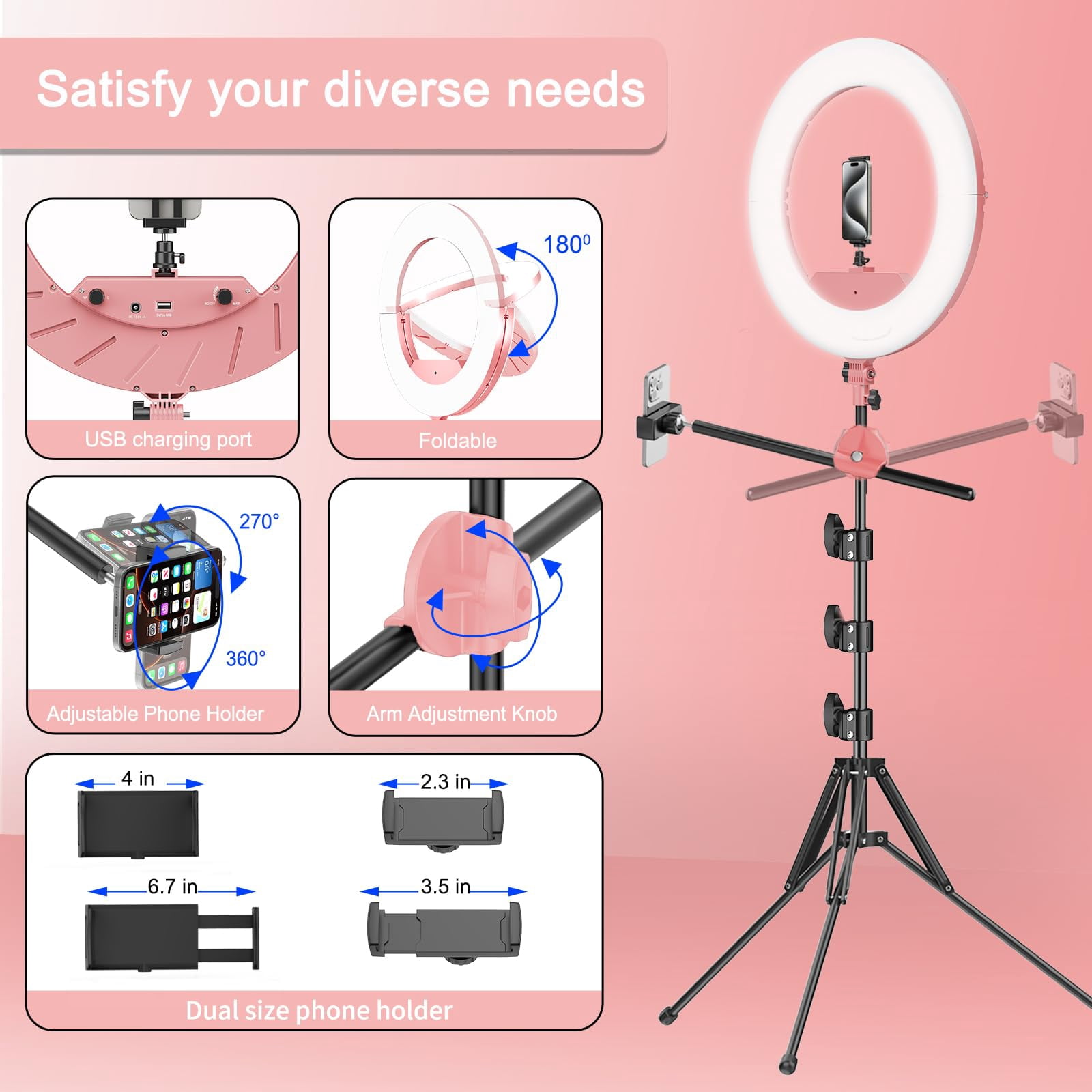 55w18 45cm Ring Light Kit [new Version] 6700k Dimmable Ledringlighttripod Stand Dual Phone Holder For Selfie Makeup Lashtattoo Studio Lighting Painting Photo Video Recording (pink)