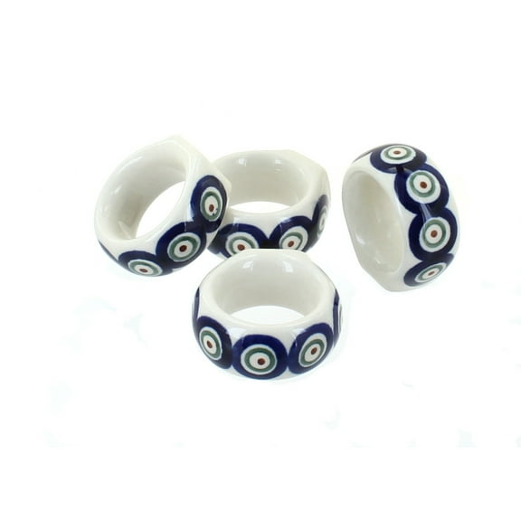 Blue Rose Polish Pottery Peacock Napkin Ring Set