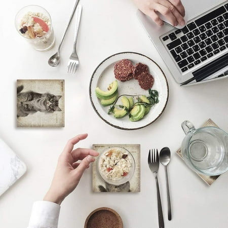 

KXMDXA Cat Retro Newspaper Set of 8 Coaster for Drinks Absorbent Ceramic Stone Coasters Cup Mat with Cork Base for Home Kitchen Room Coffee Table Bar Decor