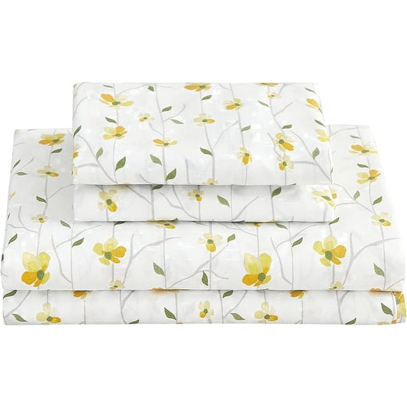 Viviland Yellow Floral Sheets for Queen Size Bed Printed Bed Sheets - 4 Piece Soft Microfiber Patterned Fitted Queen with 15" Deep Pocket