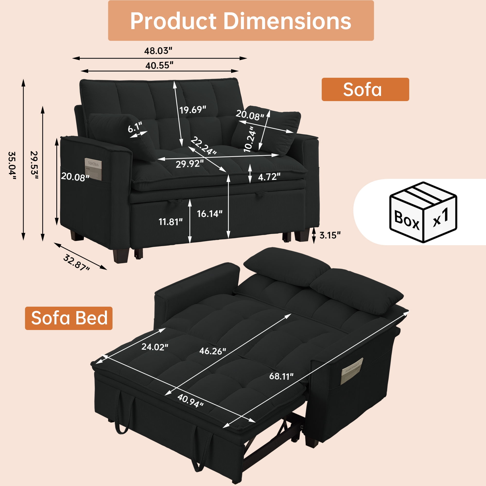 Soscana Convertible Sofa Bed Loveseat with Adjustable Backrest,3 in 1 Sleeper Sofa Pull Out Bed Reclining Couch with 2 Lumbar Cushions and Storage Side Pockets for Living Room,Apt,Office,Studio
