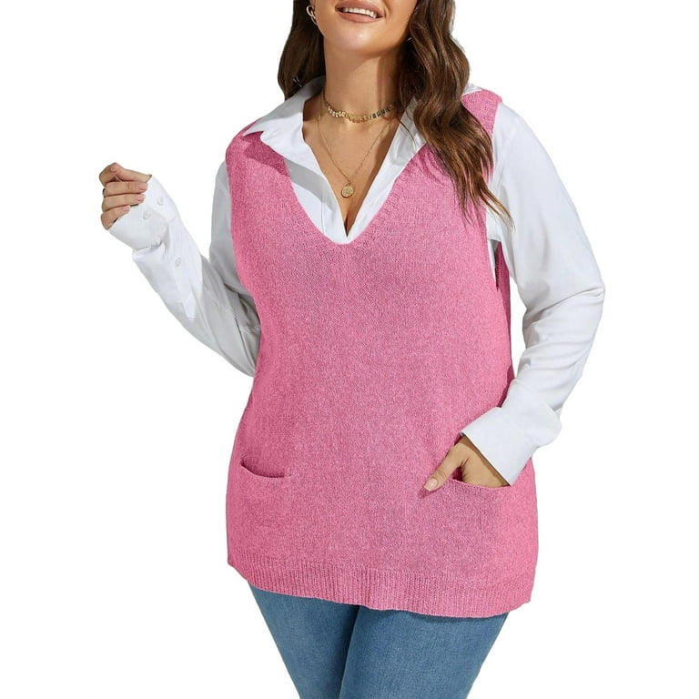 Casual Plain V neck Sleeveless Hot Pink Plus Size Sweater Vests Women s Walmart